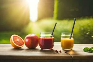 jugo y Fruta en un mesa con el Dom brillante. generado por ai foto