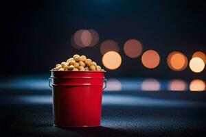 a bucket filled with peanuts on a dark background. AI-Generated photo