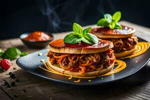 two spaghetti sandwiches on a plate with sauce and basil. AI-Generated photo