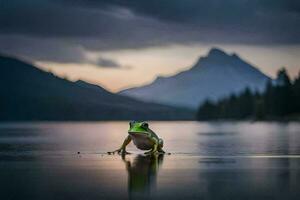 a frog sitting on the edge of a lake with mountains in the background. AI-Generated photo