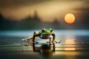 un rana es en pie en el agua a puesta de sol. generado por ai foto