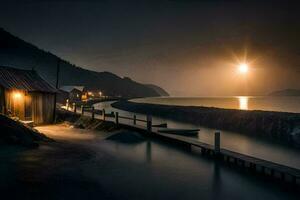 a boat dock and a house on the shore at night. AI-Generated photo