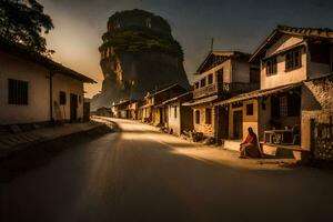 a woman walks down the street in front of a mountain. AI-Generated photo