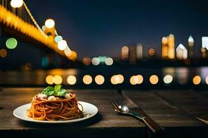 a plate of spaghetti with a view of the city. AI-Generated photo