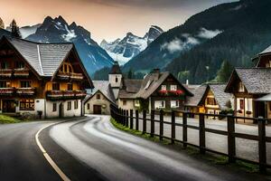 photo wallpaper the sky, mountains, road, houses, trees, mountains, road, houses,. AI-Generated