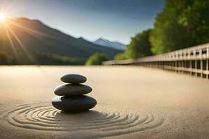 zen stones stacked on the sand. AI-Generated photo