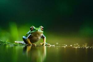 a frog sitting on the water with green grass. AI-Generated photo