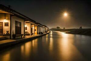 un río a noche con casas y un Luna. generado por ai foto