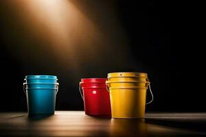 three buckets on a dark surface with light shining from behind. AI-Generated photo