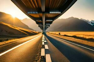 a highway under a bridge with mountains in the background. AI-Generated photo