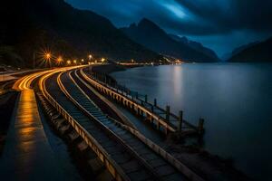 a long exposure photograph of a train track and water at night. AI-Generated photo