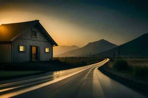 un casa se sienta en un la carretera en el medio de un campo. generado por ai foto