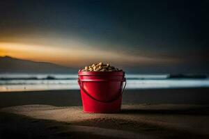 a red bucket of peanuts on the beach. AI-Generated photo