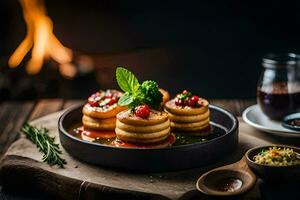 pancakes with sauce and berries on a plate. AI-Generated photo