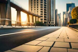 ciudad calle con un puente y edificios en el antecedentes. generado por ai foto