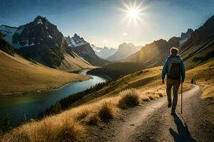 a man walks along a path in the mountains. AI-Generated photo