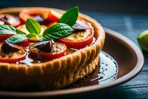 a dessert with tomatoes and basil on a plate. AI-Generated photo