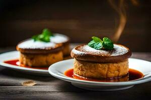 dos pequeño pasteles en blanco platos con salsa. generado por ai foto