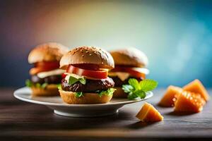 pequeño hamburguesas en un plato con naranja rebanadas generado por ai foto