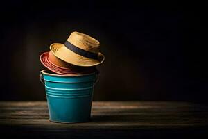 a bucket with a hat on top of it. AI-Generated photo