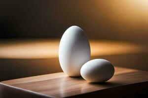 dos blanco huevos en un de madera mesa. generado por ai foto