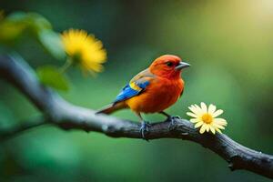 a colorful bird sits on a branch with yellow flowers. AI-Generated photo