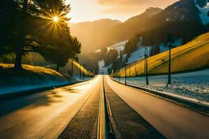 a road in the mountains with the sun setting. AI-Generated photo