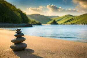 a stack of stones on the beach near a lake. AI-Generated photo