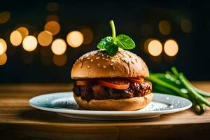 a hamburger on a plate with a green leaf. AI-Generated photo