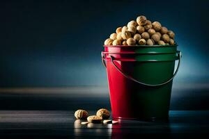a bucket filled with nuts on a table. AI-Generated photo