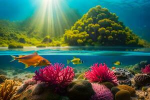 el Dom brilla terminado coral arrecifes y pez. generado por ai foto