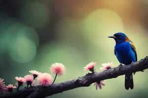 un azul pájaro es encaramado en un rama con rosado flores generado por ai foto