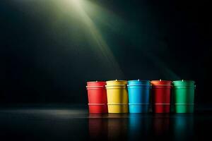 a row of colorful cups on a dark background. AI-Generated photo