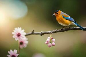 a colorful bird sits on a branch with pink flowers. AI-Generated photo