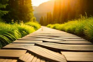 a wooden path in the middle of a grassy field. AI-Generated photo