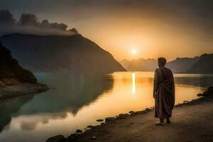 un monje soportes en el apuntalar de un lago a puesta de sol. generado por ai foto