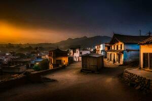 un pueblo a puesta de sol con casas y montañas en el antecedentes. generado por ai foto