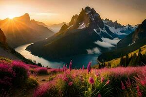 the sun rises over the mountains and the flowers bloom in the foreground. AI-Generated photo