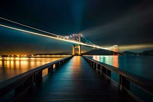 un largo exposición foto de un puente a noche. generado por ai