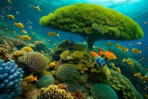 an underwater scene with colorful fish and coral. AI-Generated photo