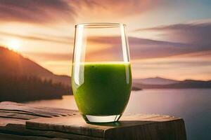 a glass of green juice on a wooden table. AI-Generated photo