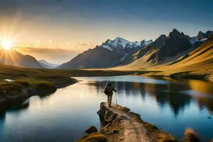 the man is standing on the edge of a bridge in the mountains. AI-Generated photo