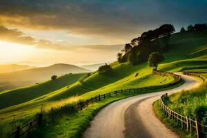 el la carretera a el puesta de sol. generado por ai foto