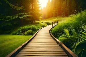 a wooden path leads to a green field and forest. AI-Generated photo