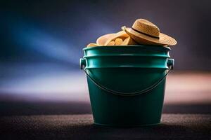 un Cubeta lleno con papas fritas y un sombrero. generado por ai foto