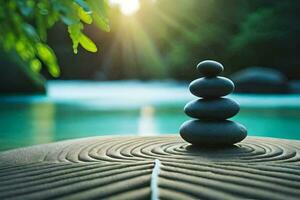 a stack of stones sitting on top of a rock near a river. AI-Generated photo