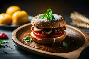 a hamburger with tomatoes and mushrooms on a wooden plate. AI-Generated photo