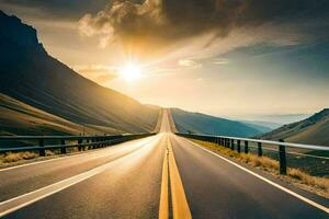 the sun shines over a highway in the mountains. AI-Generated photo