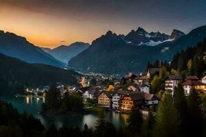 photo wallpaper mountains, lake, trees, house, sunset, the alps, austria,. AI-Generated