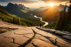 a man walks along a rocky path in the mountains. AI-Generated photo